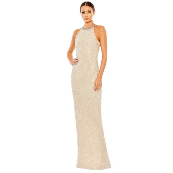 MAC DUGGAL Dress Size 2 Evening Gown Sequin NEW Cream Rhinestone Collar Flaw - Picture 1 of 10